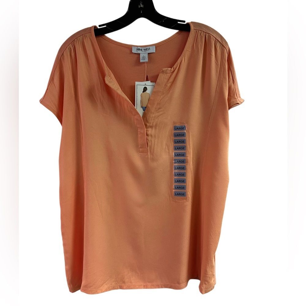 NWT Nine West Coral Mixed Media Short Sleeve Top Size L